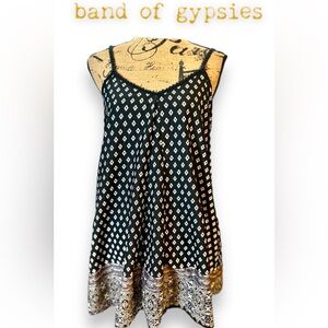 Band of Gypsies Boho Black & White Paisley Geo Pattern Dress Tunic Adj Straps S